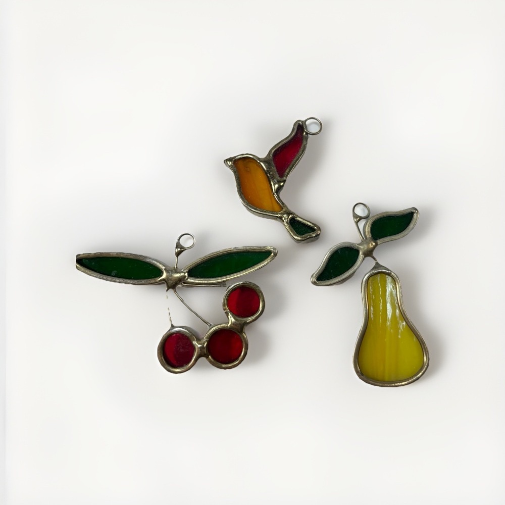 VTG Stained Leaded Glass Suncatcher Hanging Pear‎ Cherry Bird Set Of 3